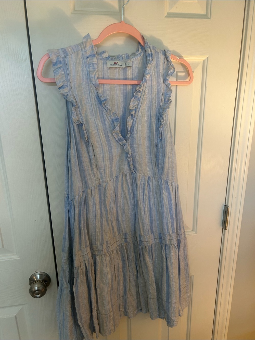 Vineyard Vines Blue and White Striped Ruffle Midi Dress
